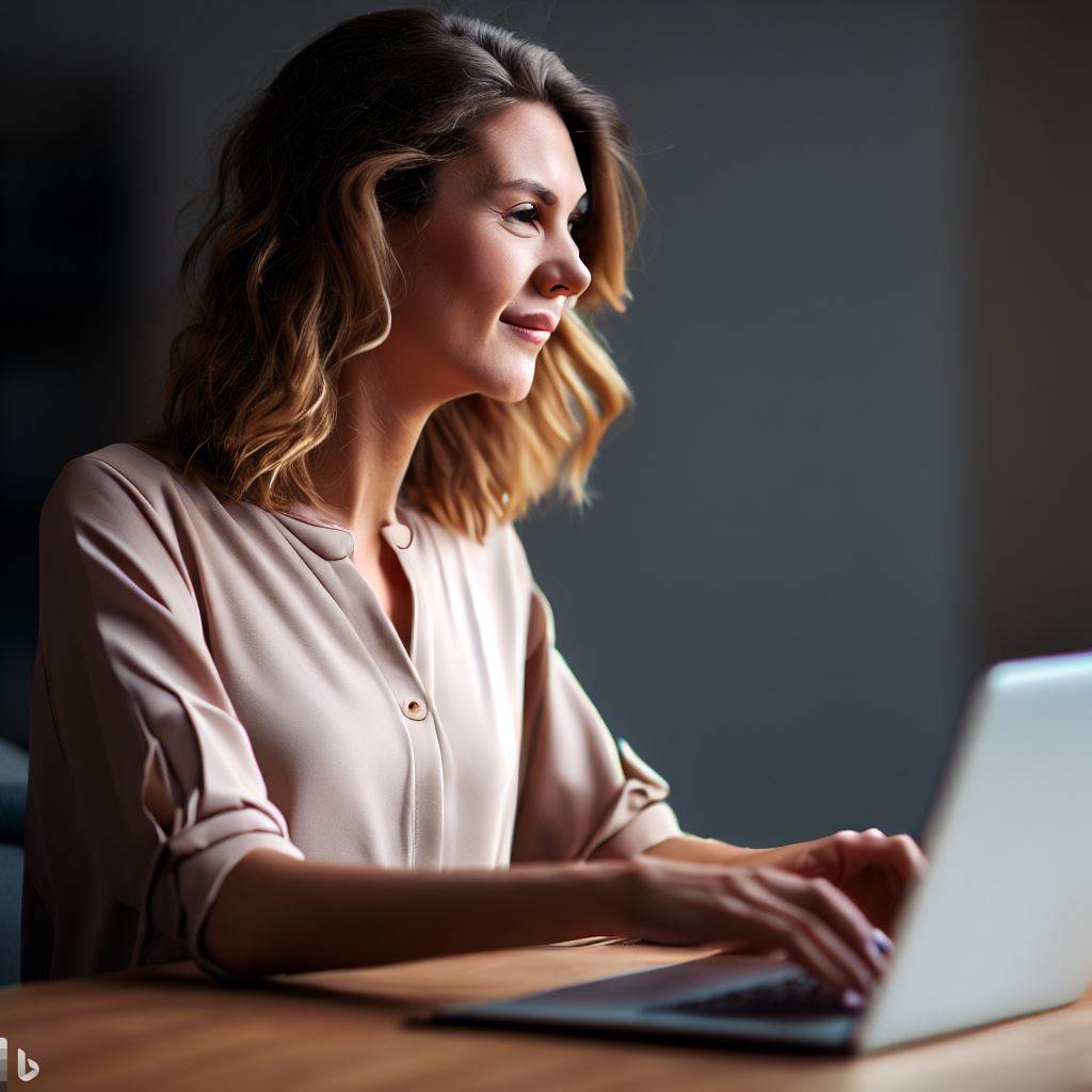 Business woman working on her SEO at a laptop. AI Generated image